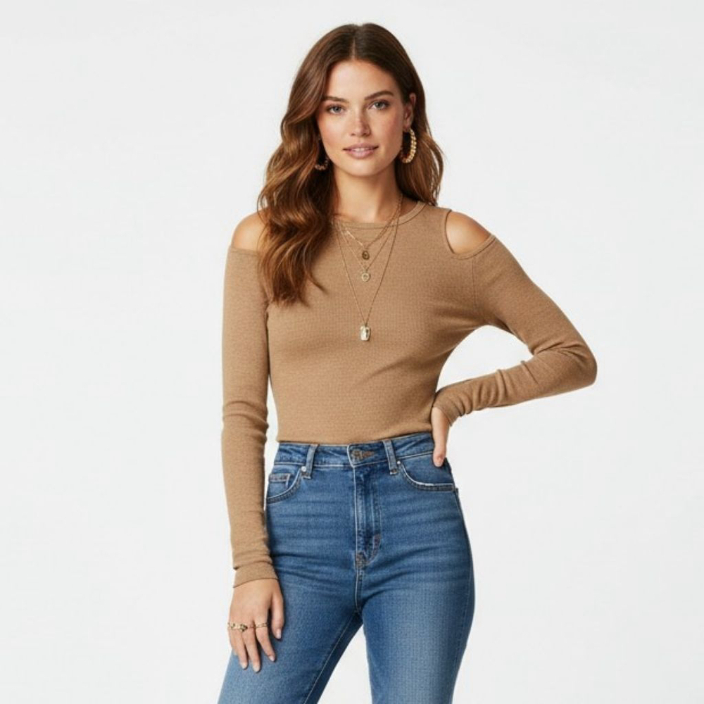 LNA Yuna Long Sleeve Cutout Rib Autumnal Brown Top - Large